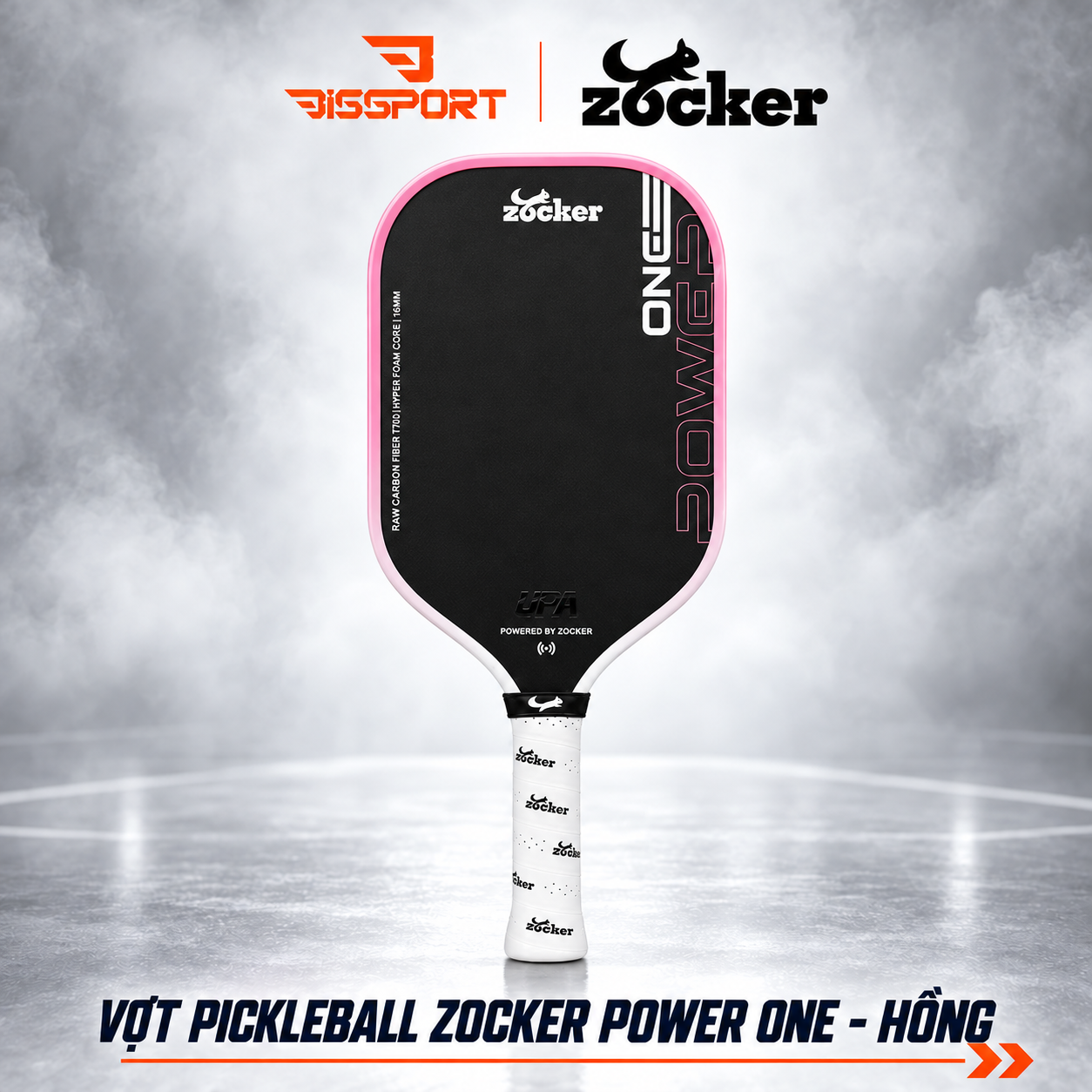 Vợt Pickleball Zocker Power One 16mm Chính Hãng - Màu Hồng  - Lõi Foam - Mặt Carbon T700 Nhám Trợ Lực Tốt - Tạo Xoáy