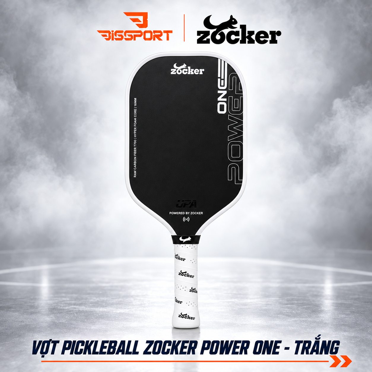 Vợt Pickleball Zocker Power One 16mm Chính Hãng - Màu Trắng - Lõi Foam - Mặt Carbon T700 Nhám Trợ Lực Tốt - Tạo Xoáy