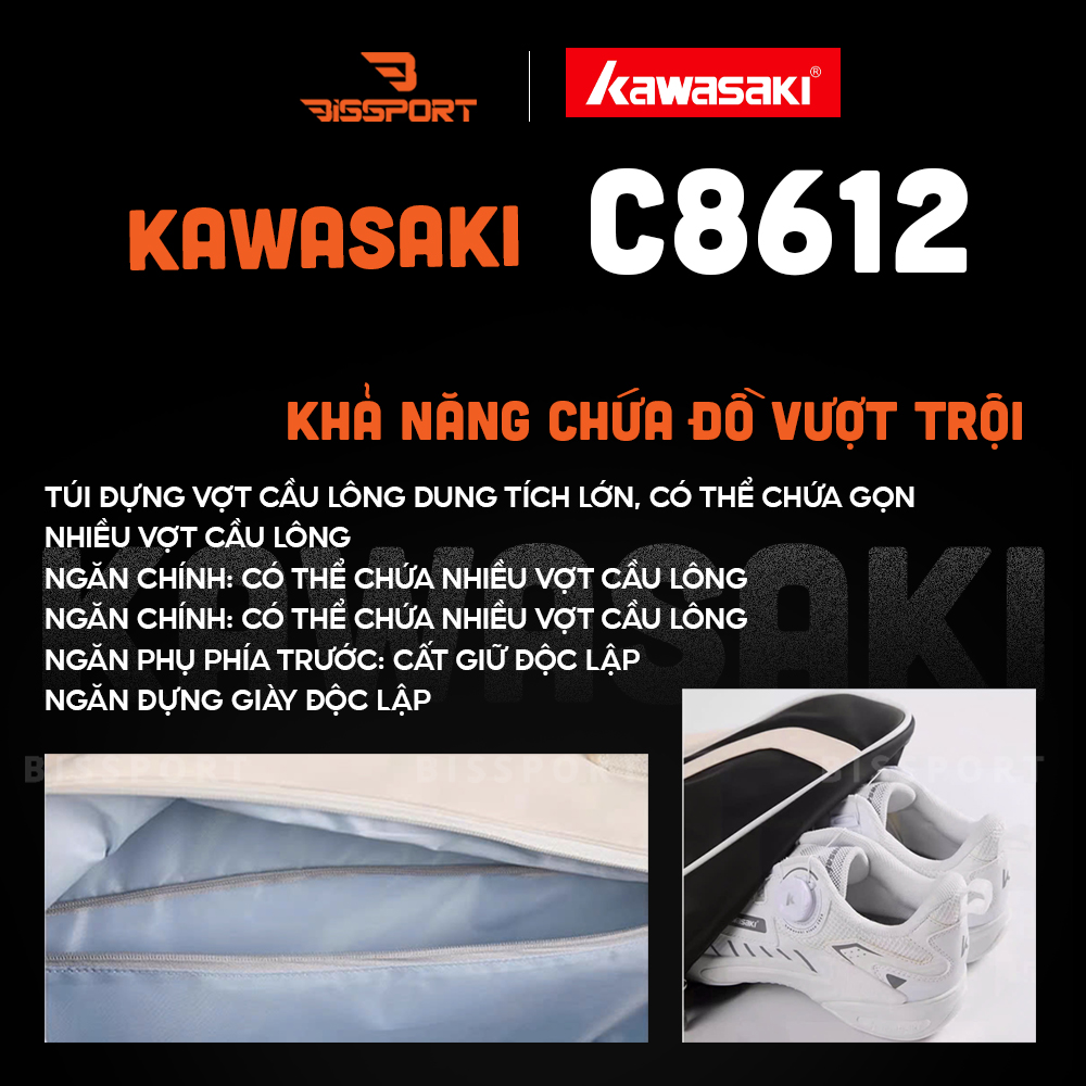 Túi Cầu Lông Kawasaki B8612 Chính Hãng - Nâu - 1 Ngăn Chính 1 Phụ - Vải Chống Thấm Nước - Khóa Kéo Siêu Bền