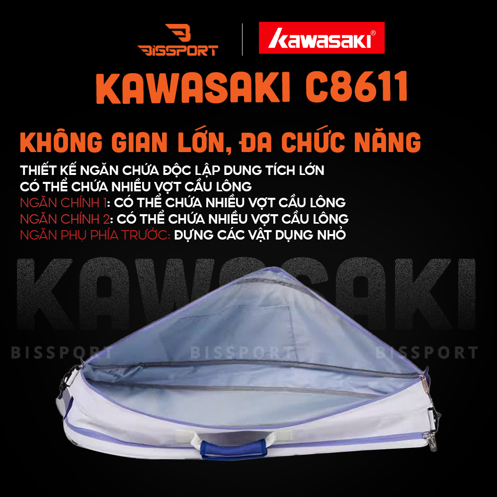Túi Cầu Lông Kawasaki C8611 Chính Hãng - Tím Đen - Túi 2 Ngăn - Vải Chống Thấm Nước - Khóa Kéo Siêu Bền - Tiện Lợi