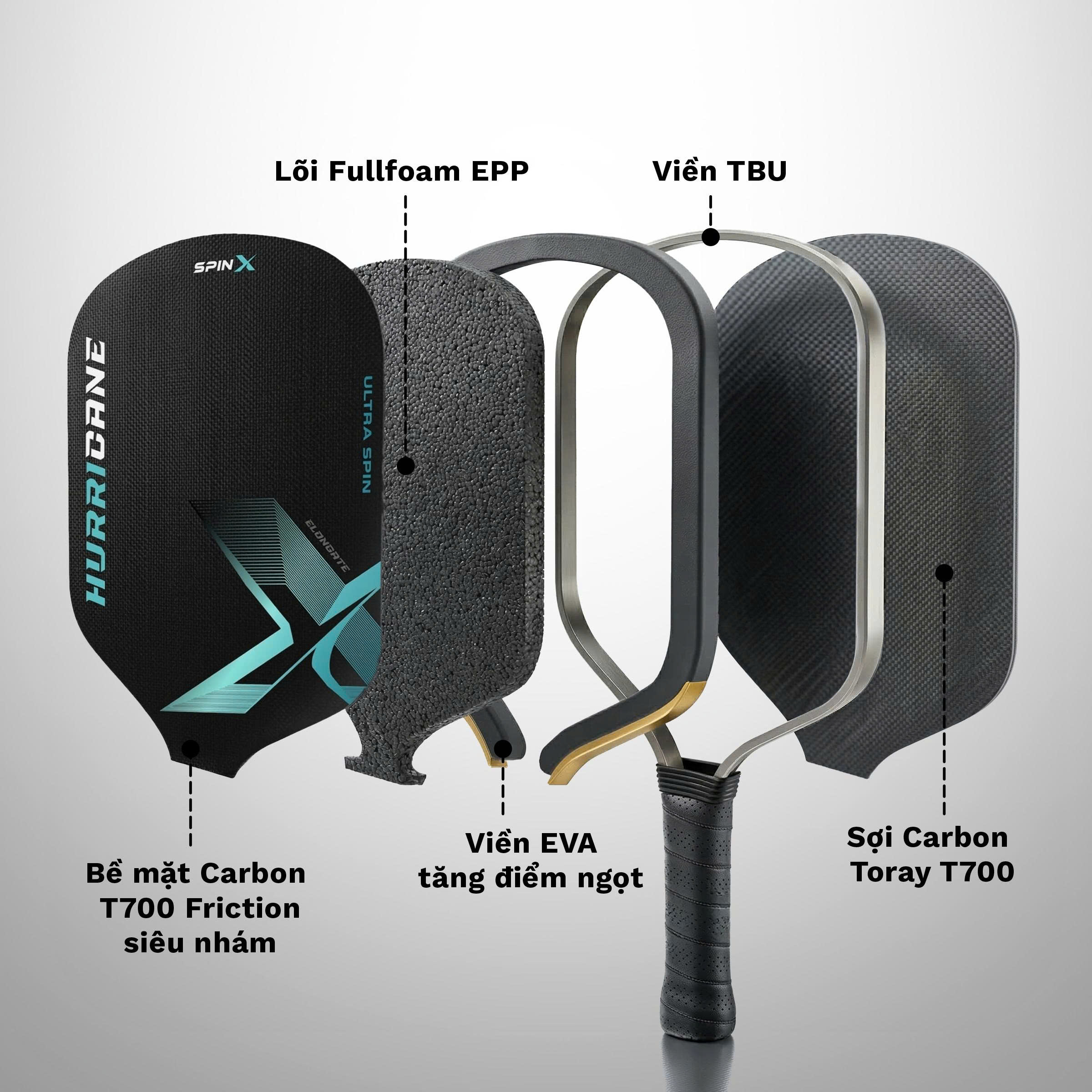 Vợt Pickleball SpinX Hurricane Power Elongate Chính Hãng - Đỏ - Carbon Toray T700 - Full Foam Core - Đánh Chắc