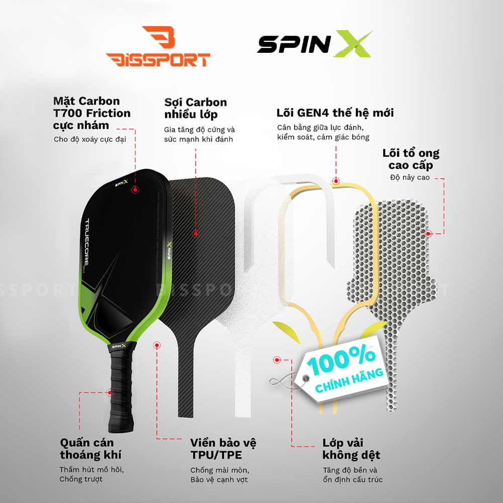 Vợt Pickleball SpinX TrueCore Gen 2 16MM Chính Hãng - Trắng - Ổn Định – Cảm Giác Bóng Rõ – Kiểm Soát - Bề Mặt T700 Carbon