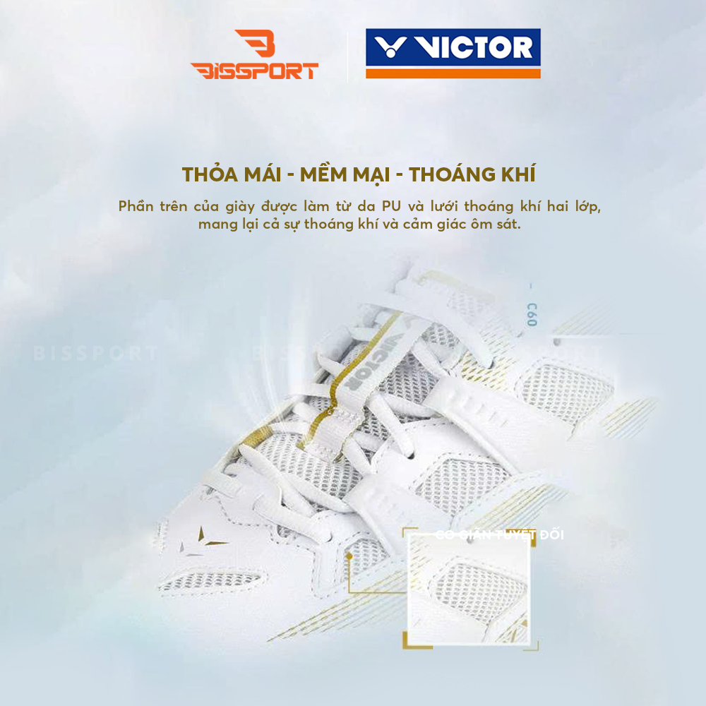 Giày Cầu Lông Victor C60 AX Chính Hãng - Trắng Vàng - Bền Bỉ - GIảm Chấn - Đế Bám Mọi Sàn - Nhẹ Êm - Ổn Định