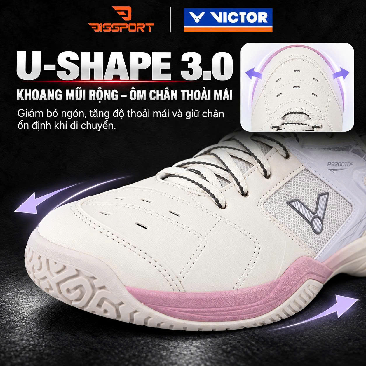 Giày Cầu Lông Victor P9200TDF/LI Chính Hãng - Trắng Tím - Form Ôm - Bám Sàn - Êm Chân - Chống Chấn - Bền Bỉ - Thoáng Khí