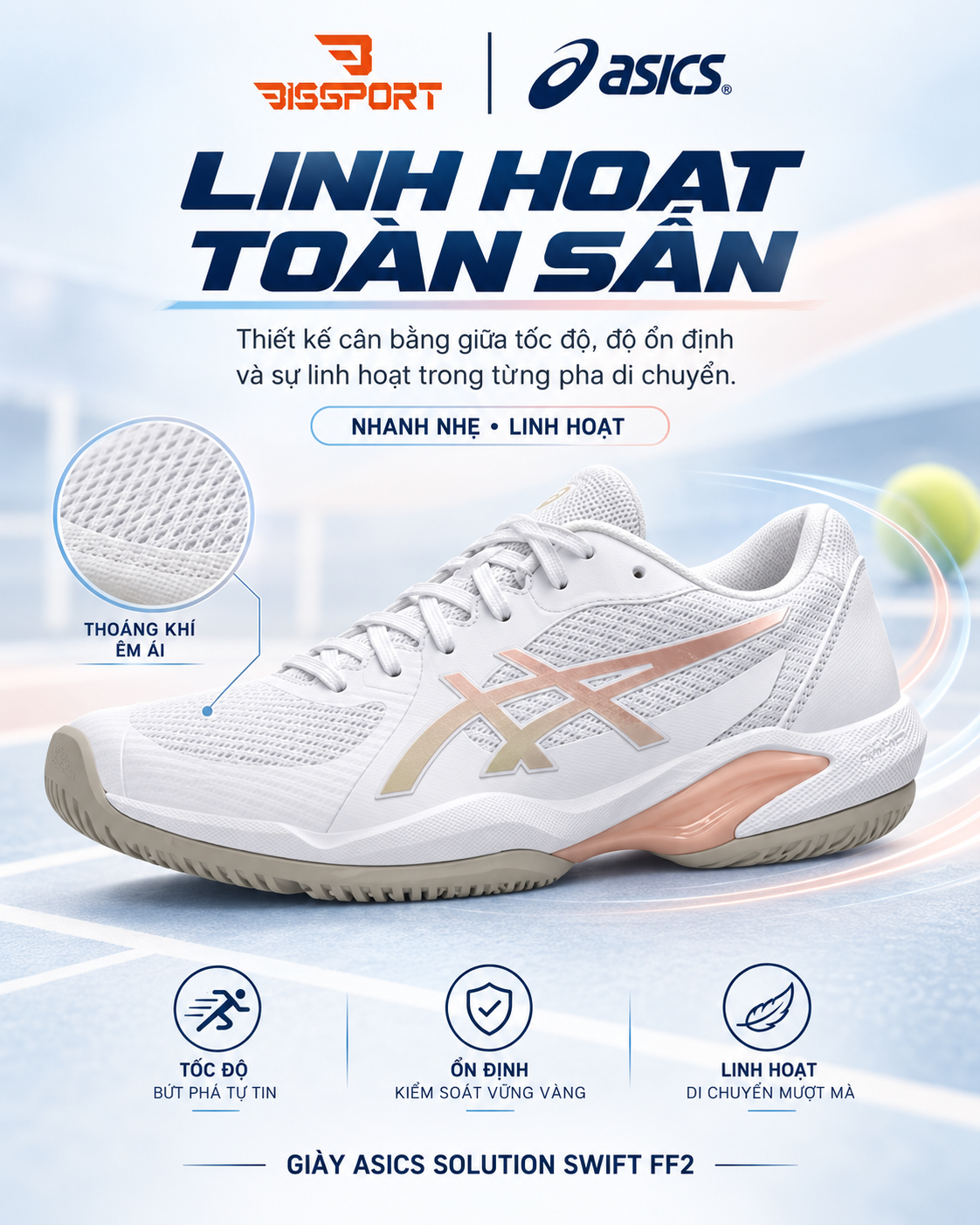Giày Pickleball/Tennis ASICS SOLUTION SWIFT FF 2 Trắng Vàng Be Chính Hãng - Êm Ái, Ổn Định - Giảm Chấn - Siêu Bền