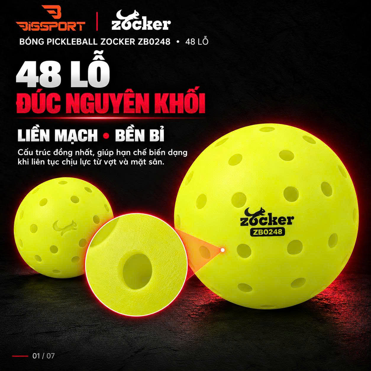 Quả Bóng Pickleball Zocker ZB0248 Chính Hãng - Độ Bền Ổn Định - Đường Bay Chuẩn - Cảm Giác Đánh Chắc Tay - 48 Lỗ
