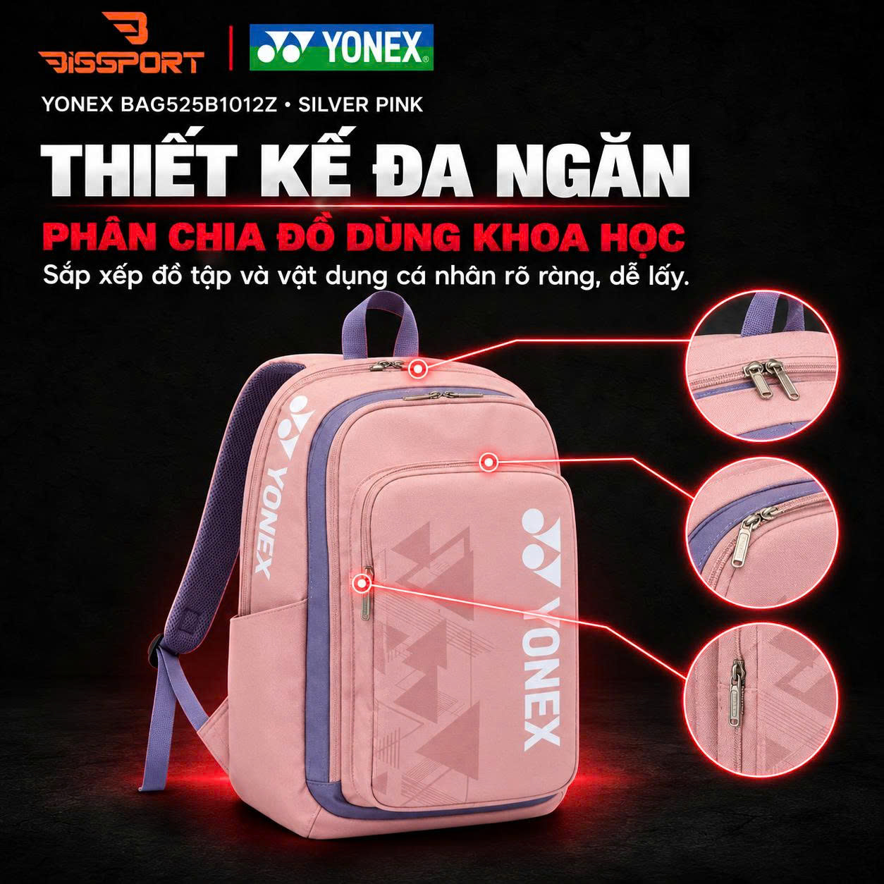 Balo Cầu Lông Yonex BAG525B1012Z SILVER PINK Chính Hãng - Tiện Dụng - Bền Bỉ - Chắc Chắn - Nhẹ - Đa Năng