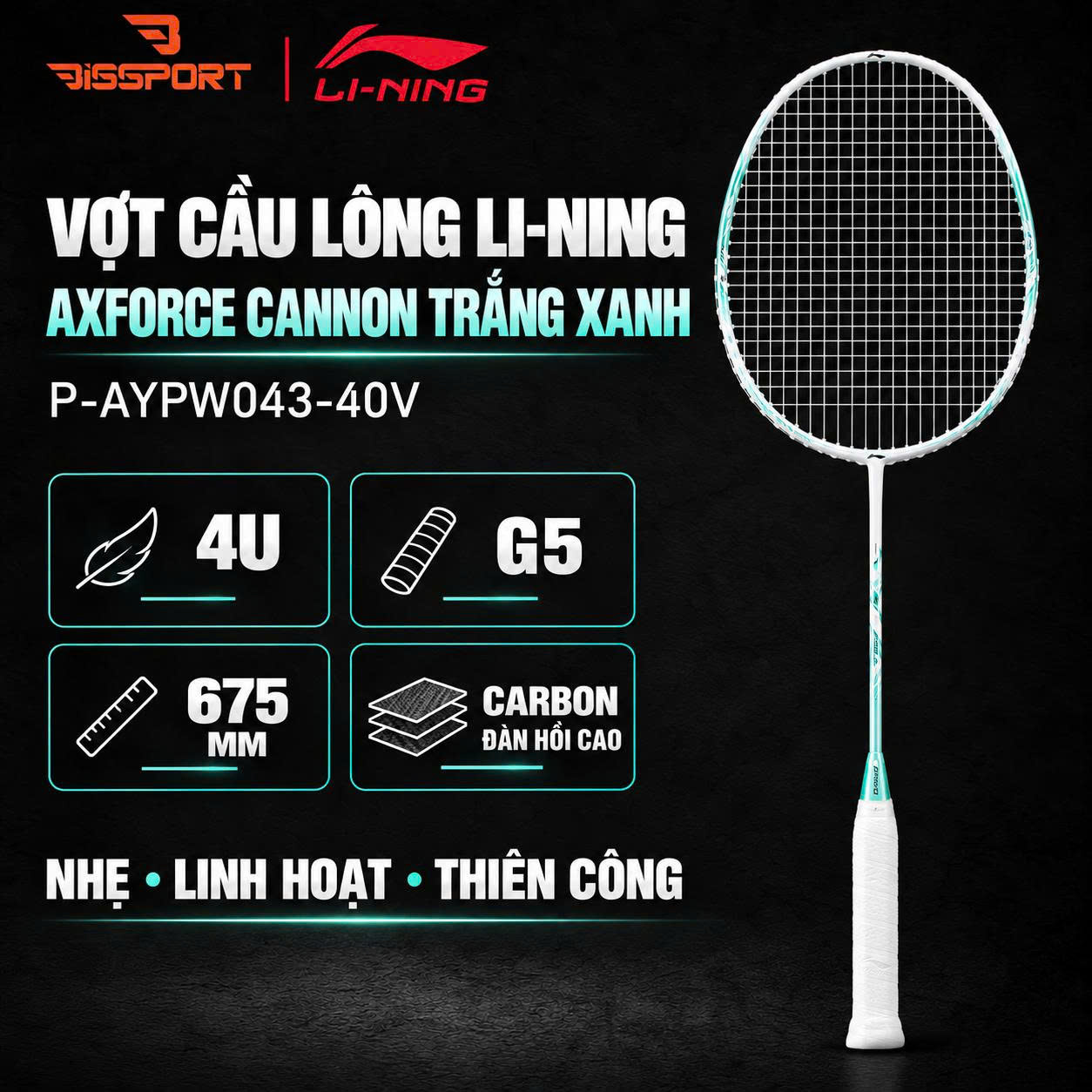 Vợt Cầu Lông Lining Axforce Canon Chính Hãng - Trắng Xanh (P-AYPW043-40V) - Kiểm Soát Chính Xác - Nhẹ - Đánh Mượt Mà