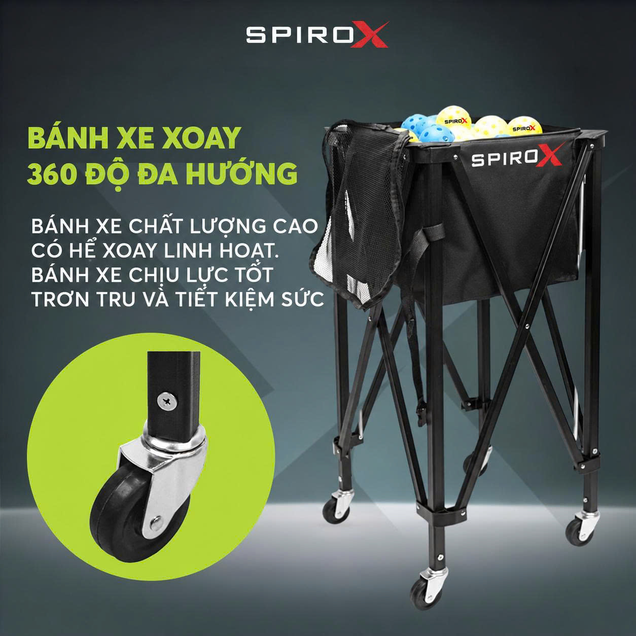 Xe Đẩy Đựng Bóng Tennis/ Pickleball SpiroX Chính Hãng - Sức Chứa Siêu Lớn - Khung Chắc Chắn - Tiện Lợi Tháo Lấp Gấp Gọn