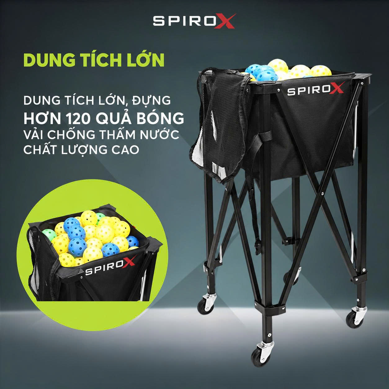 Xe Đẩy Đựng Bóng Tennis/ Pickleball SpiroX Chính Hãng - Sức Chứa Siêu Lớn - Khung Chắc Chắn - Tiện Lợi Tháo Lấp Gấp Gọn