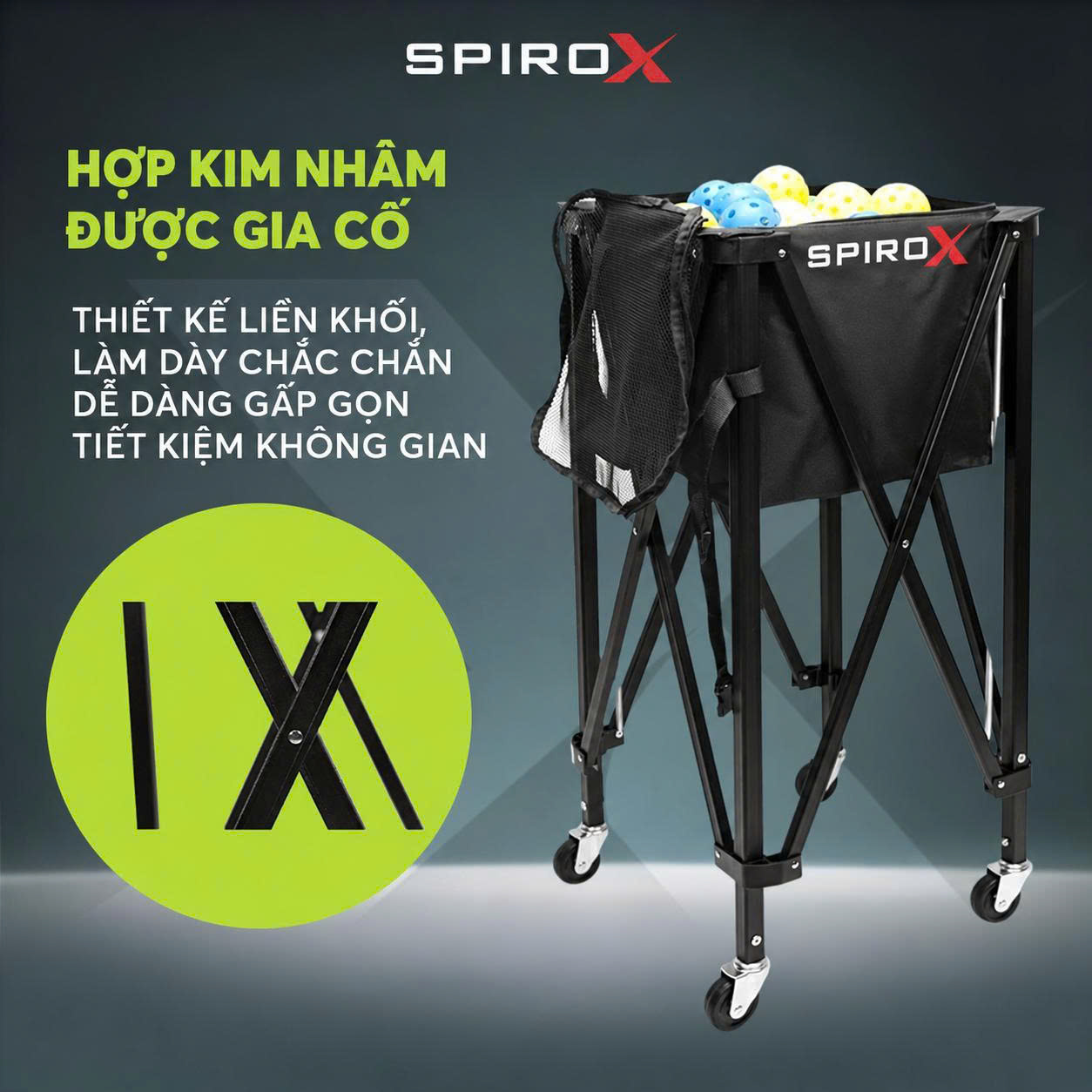 Xe Đẩy Đựng Bóng Tennis/ Pickleball SpiroX Chính Hãng - Sức Chứa Siêu Lớn - Khung Chắc Chắn - Tiện Lợi Tháo Lấp Gấp Gọn