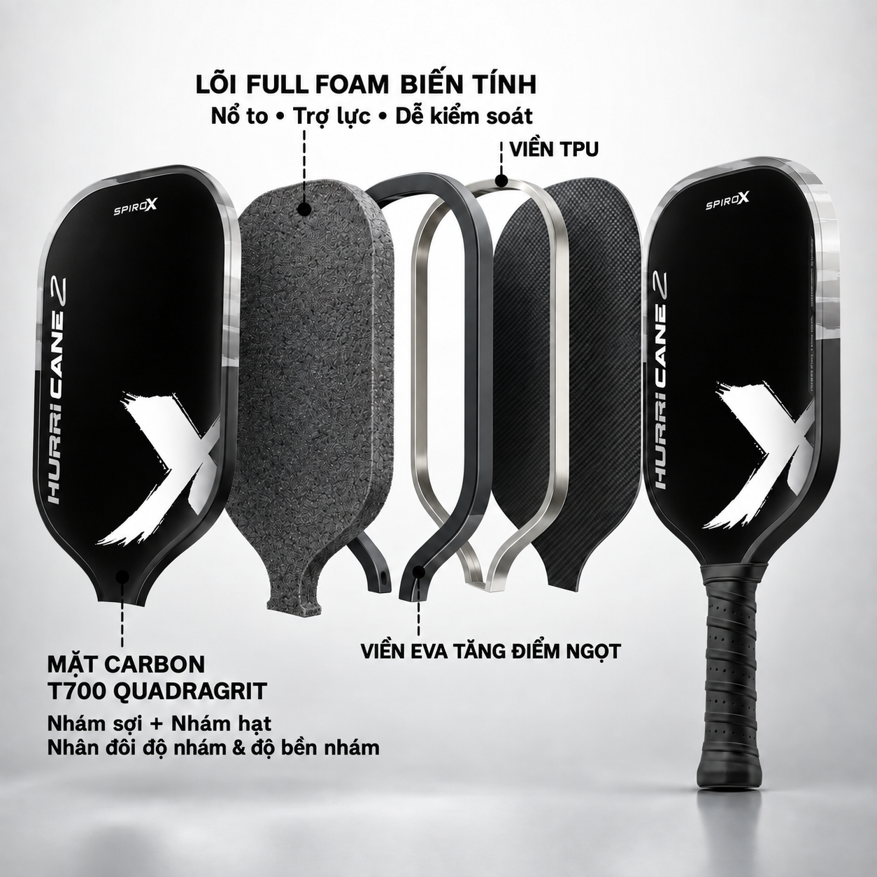 Vợt Pickleball SpiroX Hurricane 2 Chính Hãng - Trắng - Foam Biến Tính, Mặt Quadra Grit Siêu Nhám Trợ Lực Tốt, Nhẹ