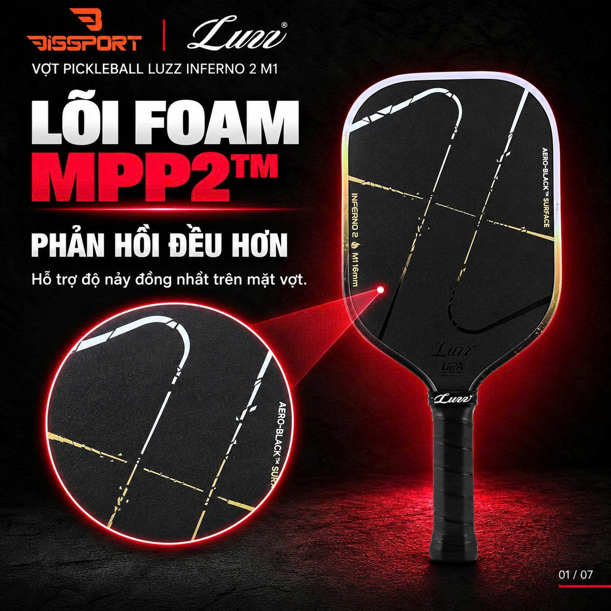 Vợt Pickleball LUZZ Inferno2 M1 Chính Hãng - 16mm - Lõi Foam MPP2 - Đánh Công Mạnh - Xoáy Tốt - Bền Bỉ - Ổn Định