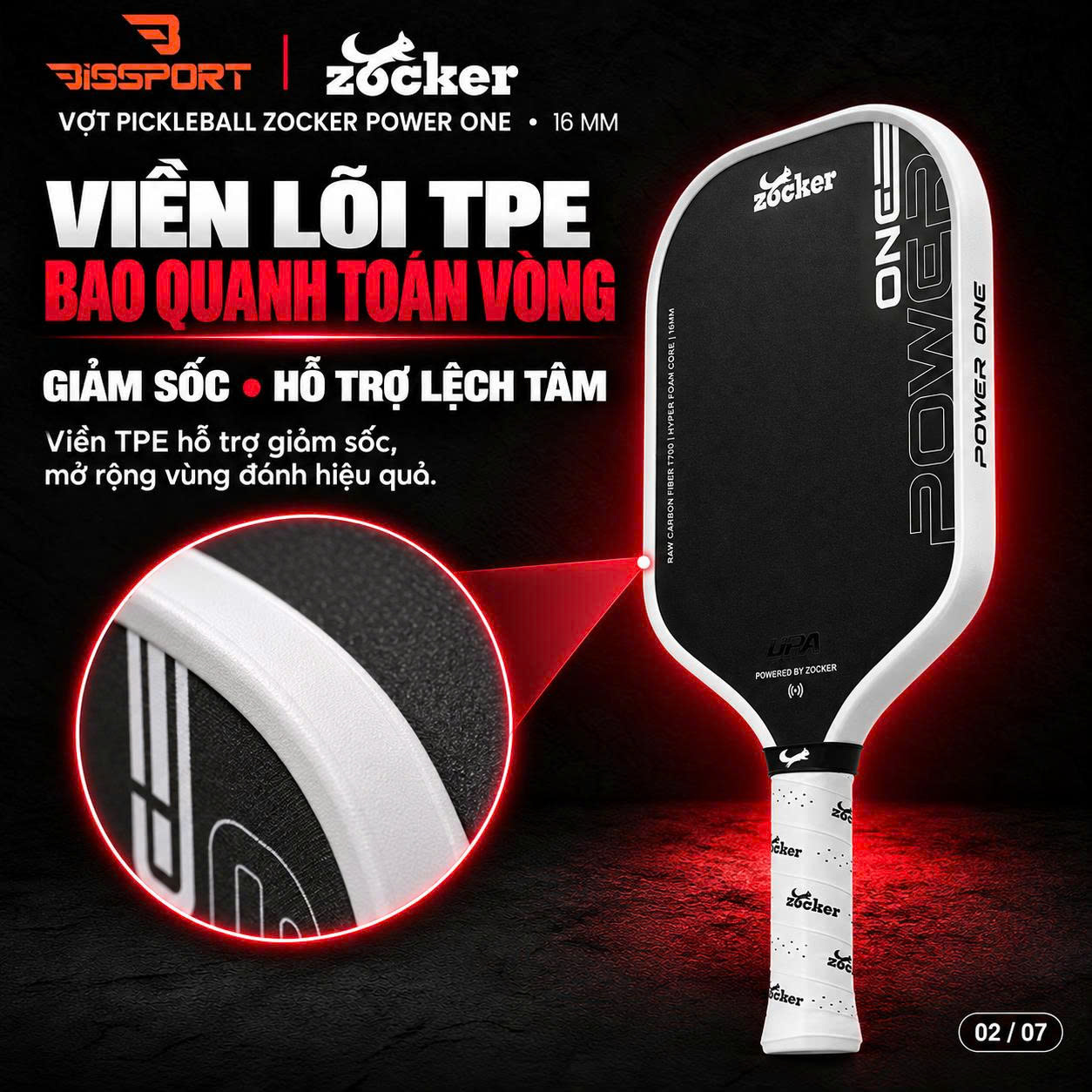 Vợt Pickleball Zocker Power One 16mm Chính Hãng - Màu Hồng  - Lõi Foam - Mặt Carbon T700 Nhám Trợ Lực Tốt - Tạo Xoáy