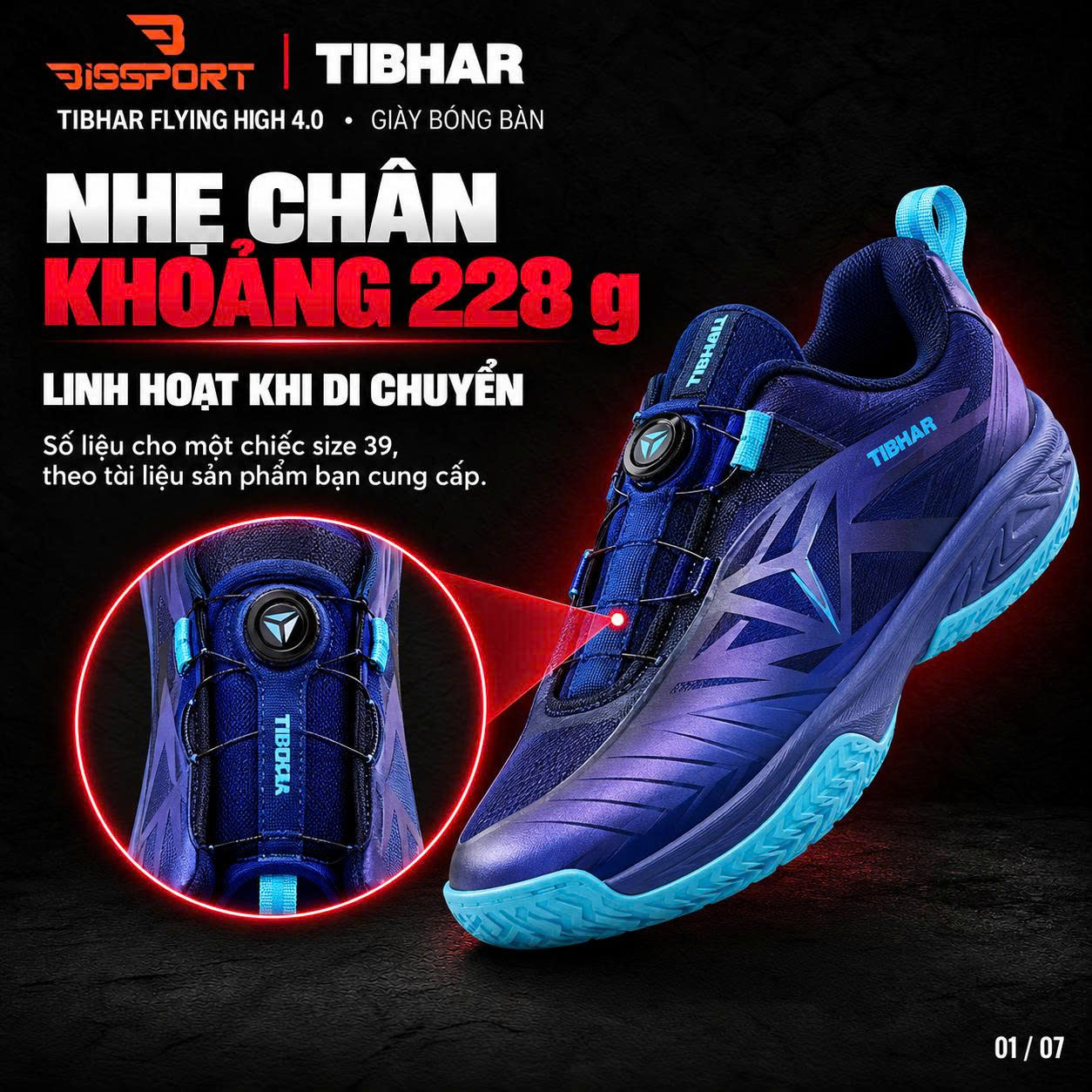 Giày Bóng Bàn TIBHAR Flying High 4.0 02603 Chính Hãng - Xanh Dương - Nhẹ Và Bám Sàn - Thoáng Khí - Chống Trượt