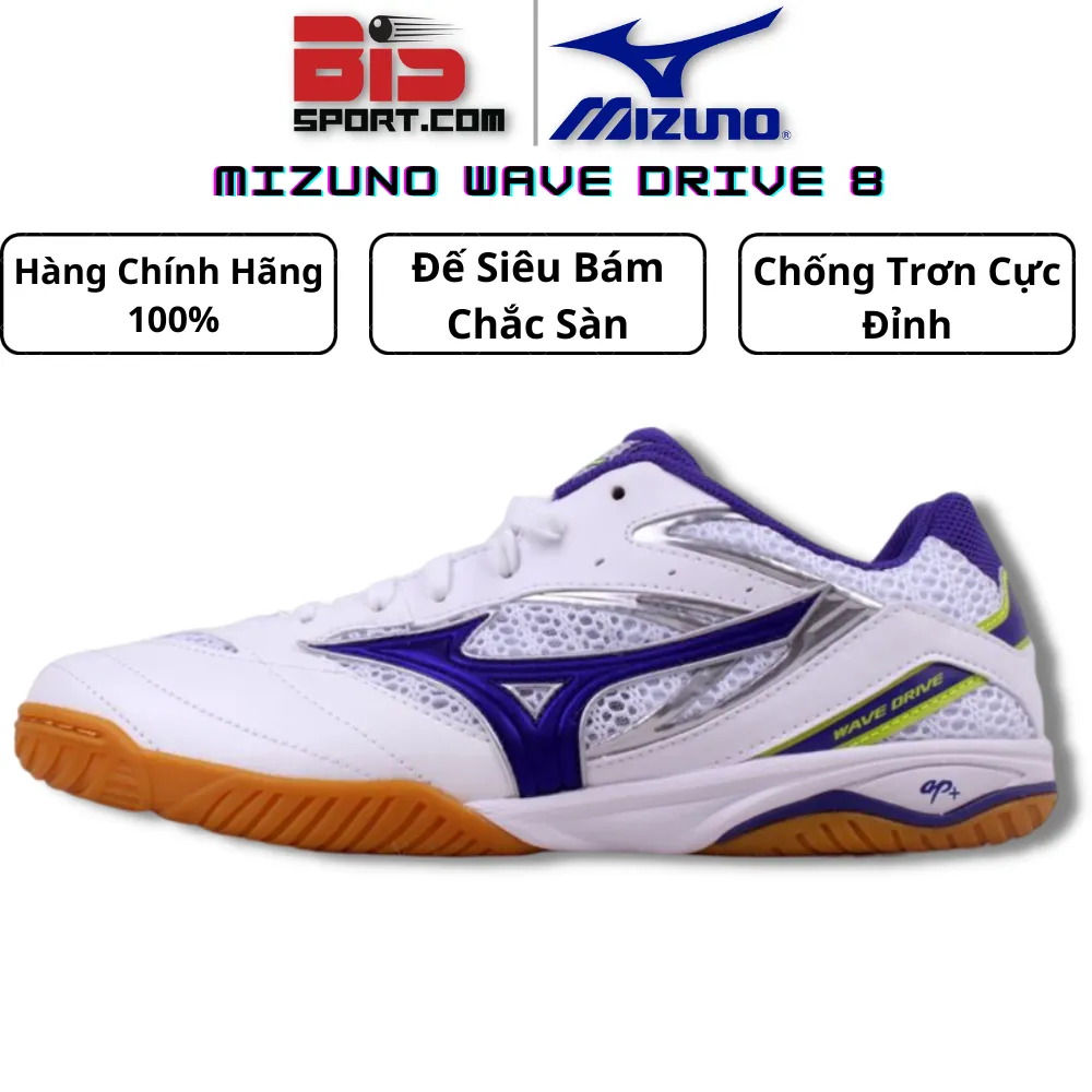 Giày Bóng Bàn Mizuno Wave Drive 8 Hàng Chính Hãng- Trắng Tím - Đế Siêu Bám Sàn - Chống Trơn Cực Đỉnh