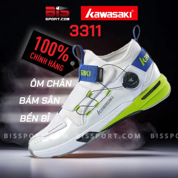 Giày Cầu Lông Kawasaki A3311 Trắng Xanh Lá Chính Hãng - Phong Cách Hầm Hố, Đế Cao Su Kép
