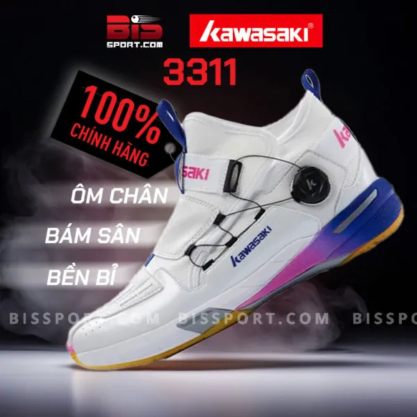 Giày Cầu Lông Kawasaki A3311 Trắng Tím Chính Hãng - Phong Cách Hầm Hố, Đế Cao Su Kép