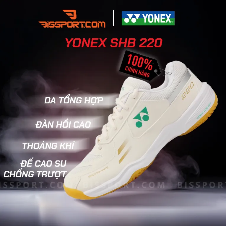 Giày Cầu Lông Yonex SHB 220 Trắng Xanh Lá Chính Hãng - Thiết Kế Hiện Đại, Chuyển Động Linh Hoạt, Bước Chân Êm Ái