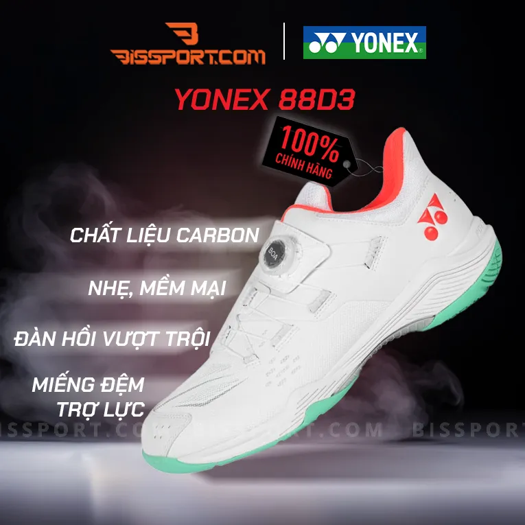 Giày Cầu Lông Yonex 88D3 Trắng Xanh Lá Chính Hãng - Thiết Kế Ấn Tượng, Khóa Boa Tiện Lợi, Chống Trượt Linh Hoạt