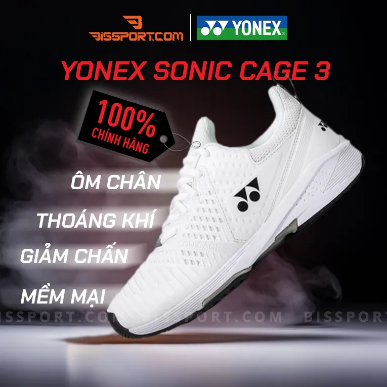 Giày Tennis, Cầu Lông, Pickleball Yonex Sonic Cage 3 Trắng Đen Chính Hãng - Thiết Kế Hiện Đại, Siêu Nhẹ, Thoải Mái