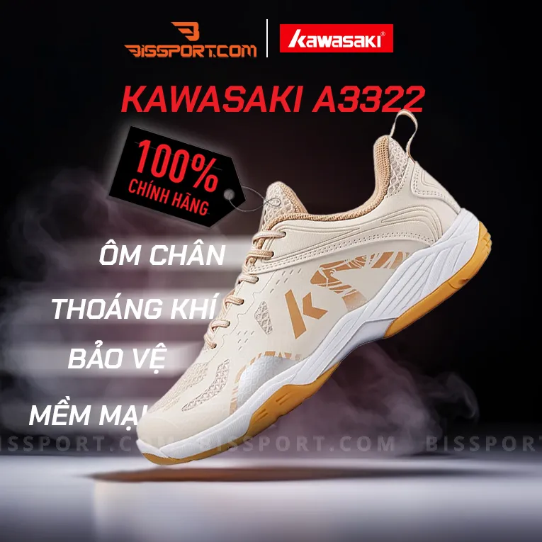 Giày Cầu Lông Kawasaki A3322 Vàng Chính Hãng - Năng Động, Chống Thấm, Thoáng Khí, Đế Cao Su Chống Trơn Trượt