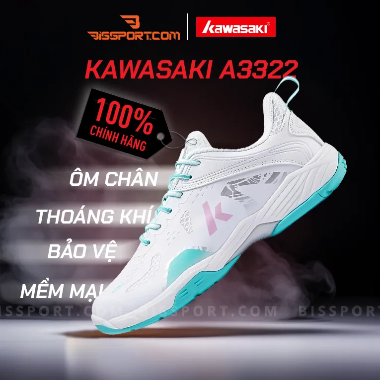 Giày Cầu Lông Kawasaki A3322 Trắng Xanh Ngọc Chính Hãng - Năng Động, Chống Thấm, Thoáng Khí, Đế Cao Su Chống Trơn Trượt