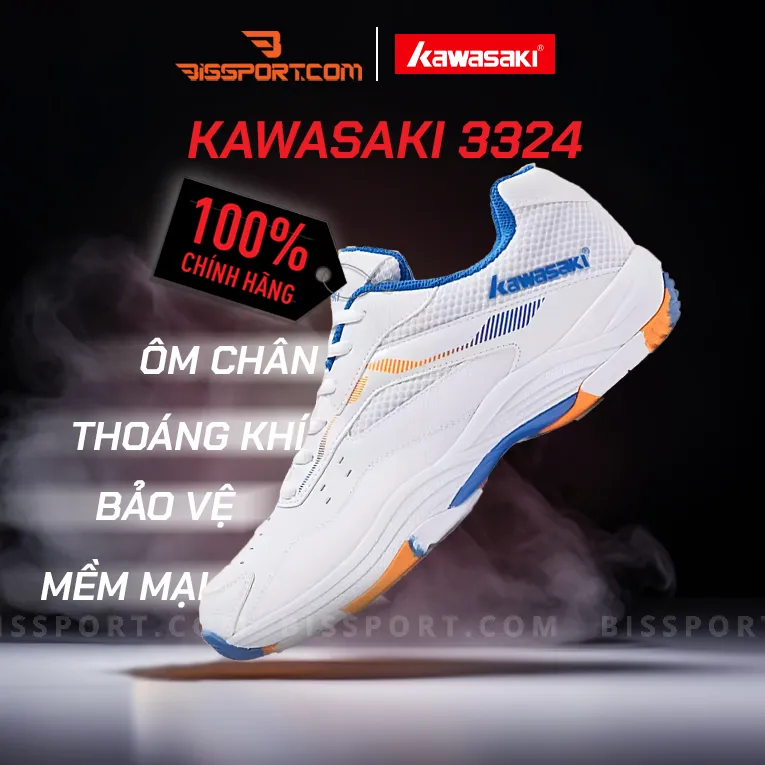 Giày Cầu Lông Kawasaki A3324 Trắng Xanh Chính Hãng - Thiết Kế Nhẹ, Êm Chân, Thoáng Khí, Chống Xoắn, Độ Bền Cao