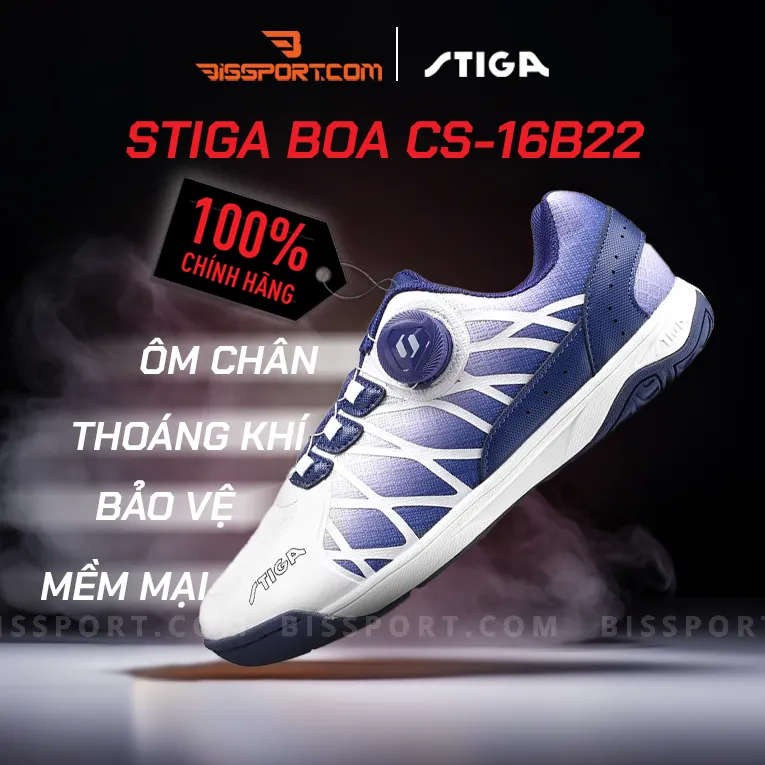 Giày Bóng Bàn Stiga CS-16B22 Khóa Boa Trắng Tím Chính Hãng - Thiết Kế Khóa Boa Linh Hoạt, Giày Êm, Thoải Mái, Cực Bền