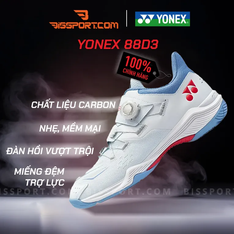 Giày Cầu Lông Yonex 88D3 Trắng Xanh Nhạt Chính Hãng - Thiết Kế Ấn Tượng, Khóa Boa Tiện Lợi, Chống Trượt Linh Hoạt