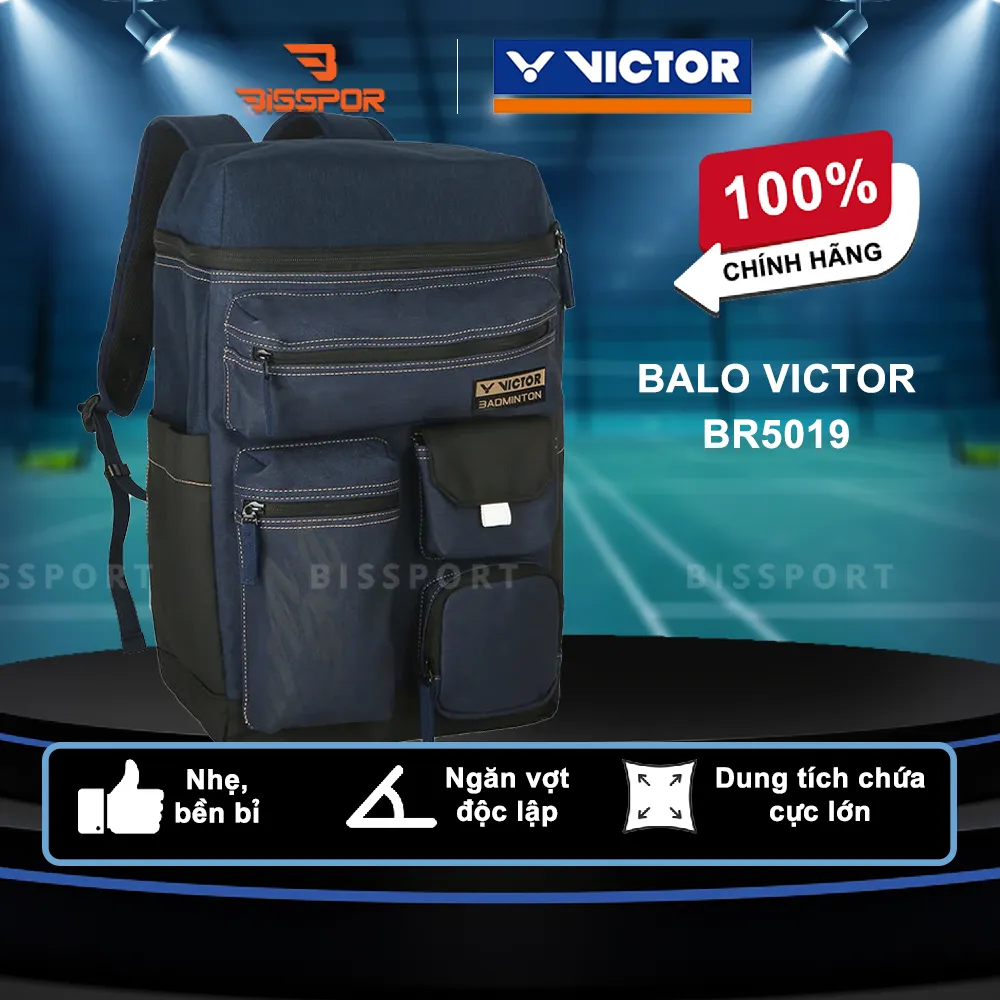 Balo Cầu Lông Victor BR5019 Chính Hãng - Đen Xanh - Dung Tích Lớn - Nhẹ - Bền Bỉ - Kháng Nước Ít - Ngăn Vợt Riêng