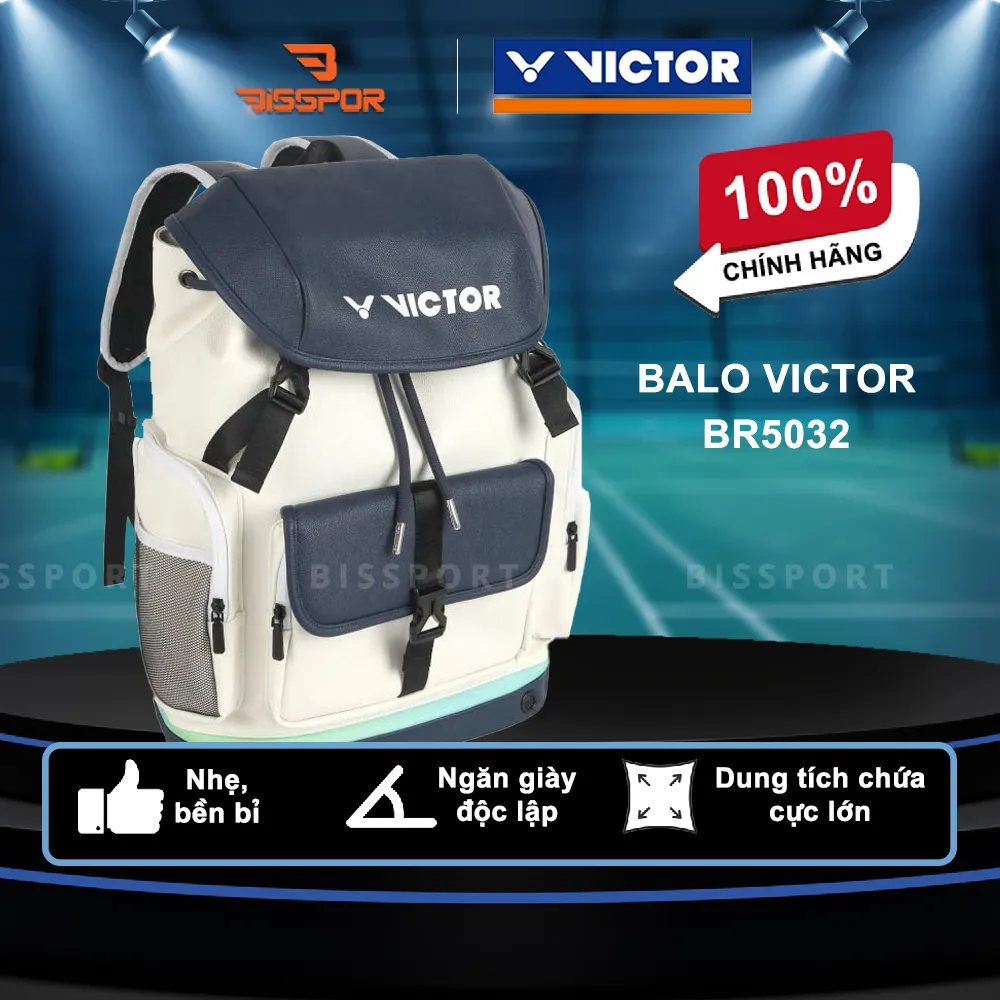 Balo Victor BR5032 Chính Hãng - Trắng Xanh - Dung Tích Lớn - Nhẹ - Bền Bỉ - Ngăn Chứa Giày Riêng - Kháng Nước Ít