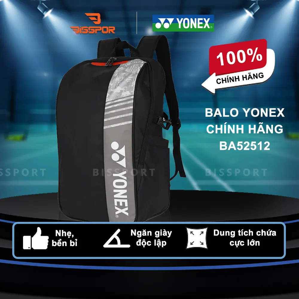 Balo Yonex BA52512 Chính Hãng - Đen Xám - Dung Tích Lớn - Nhẹ - Bền Bỉ - Kháng Nước Ít - Ngăn Vợt Riêng