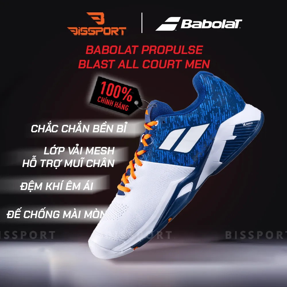 Giày Tennis/Pickleball Babolat Propulse Blast AC Chính Hãng - Trắng Xanh - Nhẹ, Bám Sân - Giảm Chấn. Bền – Thoáng Khí