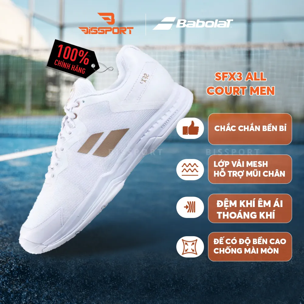 Giày Tennis/Pickleball Babolat SFX3 All Court Men Chính Hãng - Trắng Full - Nhẹ, Bám Sân - Giảm Chấn. Bền – Thoáng Khí