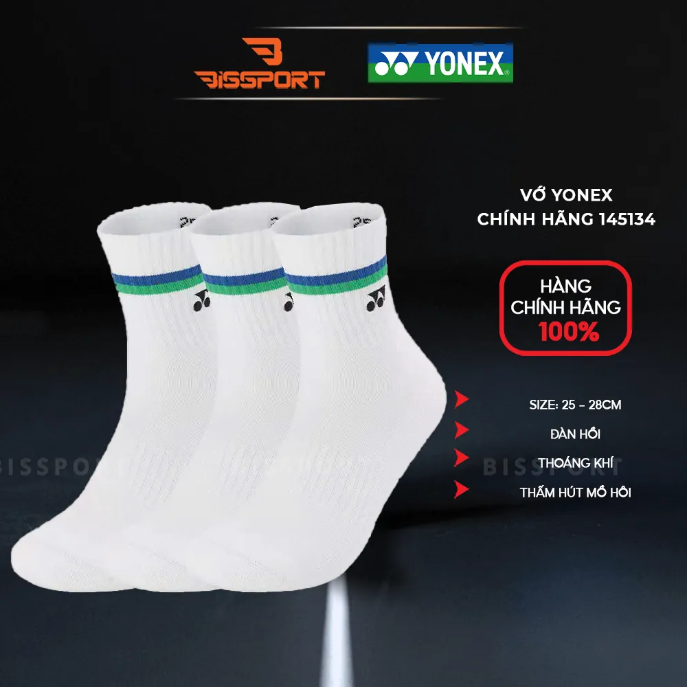 Vớ Cầu Lông Yonex 145134 Chính Hãng Cổ Ngắn Qua Mắt Cá - Set 3 Đôi - Trắng Xanh - Dày - Êm Ái - Thắm Hút - Thoáng Khí