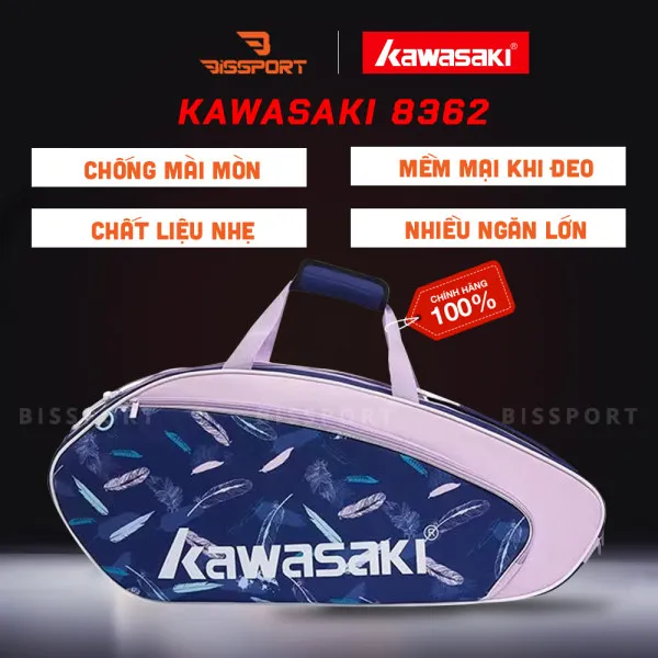 Túi Cầu Lông Kawasaki B8362 Tím Hồng Chính Hãng - Túi 2 Ngăn - Vải Chống Thấm Nước - Khóa Kéo Siêu Bền - Tiện Lợi