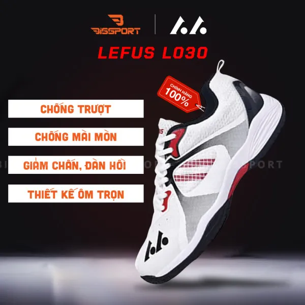 Giày Cầu Lông Lefus L030 Chính Hãng - Trắng Đỏ - Đế Bám Sàn - Chống Chấn - Nhẹ - Êm Ái - Ổn Định - Thoáng Khí