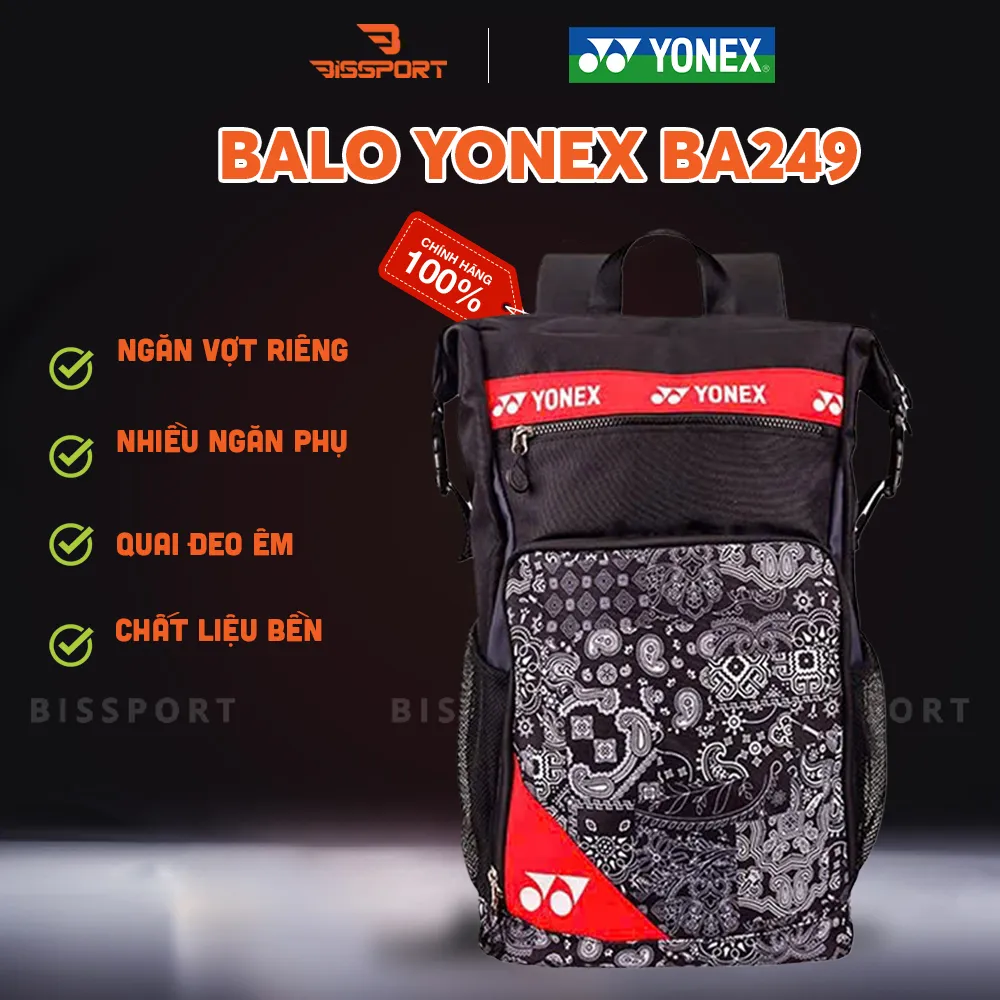 Balo Cầu Lông Yonex BA249 Chính Hãng - Màu Đen - Bền Bỉ - Chống Nước Nhẹ - Có Ngăn Đựng Vợt Và Giày Riêng - Đa Dụng