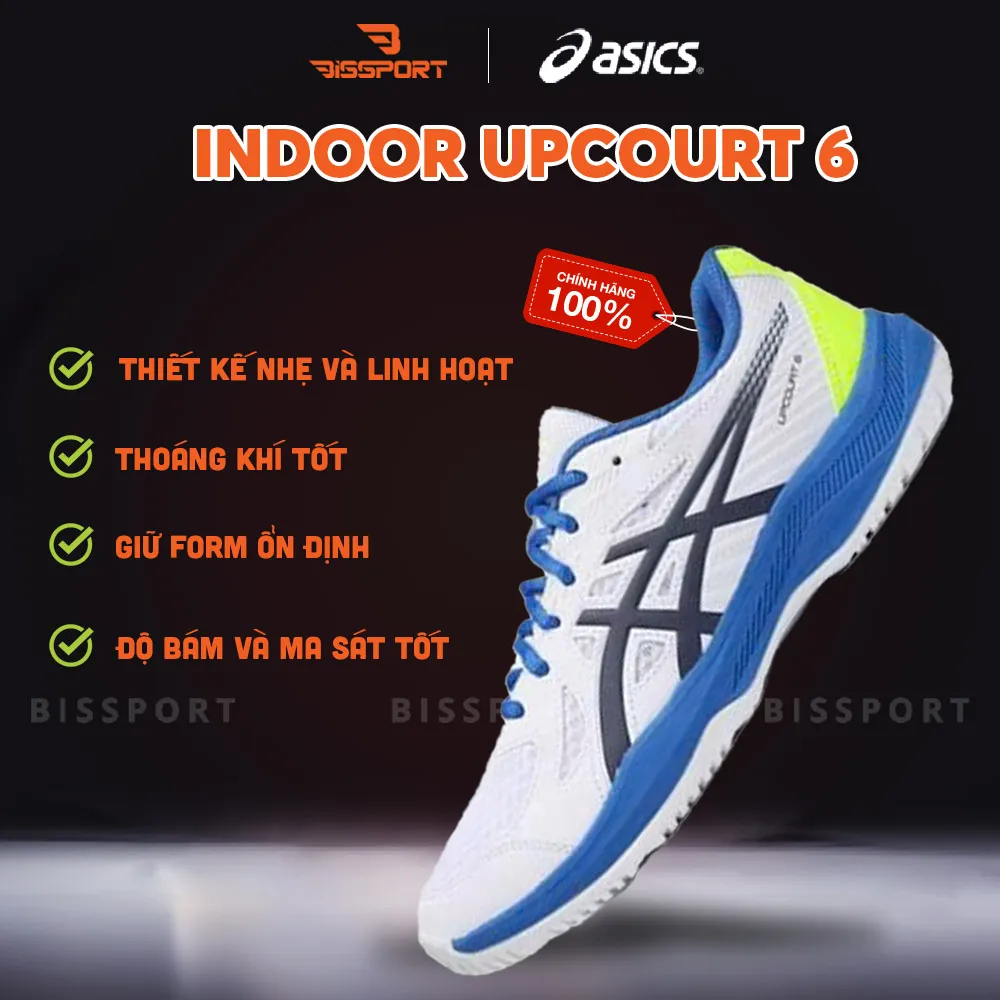 Giày Bóng Bàn/Cầu Lông Asics Upcourt 6 Trắng Xanh Dương Chính Hãng - Bền Bỉ - Nhẹ - Êm - Thoáng Khí -  Đệm EVA Đàn Hồi