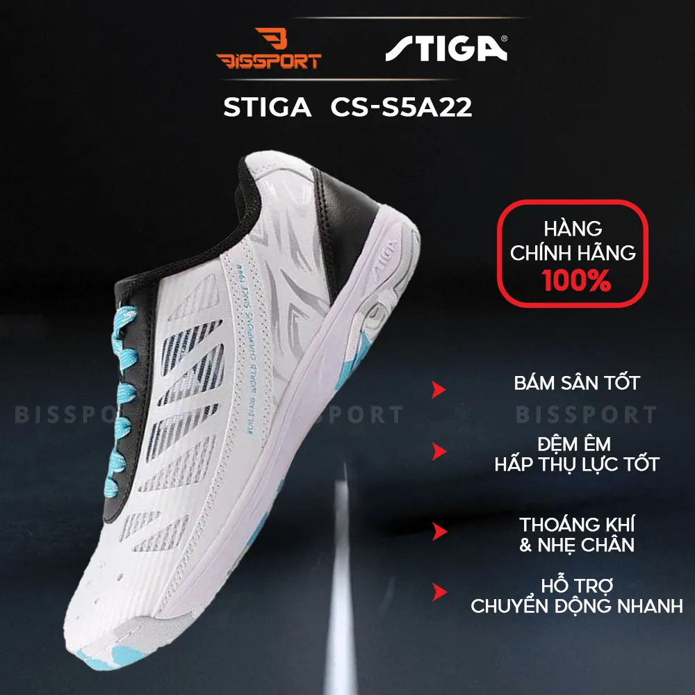 Giày Bóng Bàn STIGA CS-S5A21Trắng Xanh Ngọc Chính Hãng - Thông Thoáng - Ôm Form - Giảm Chấn - Mềm - Chống Chấn