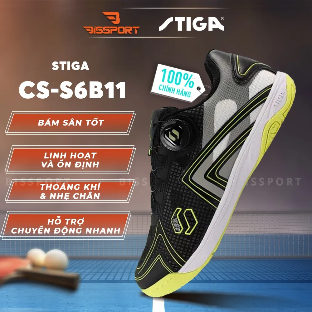 Giày Bóng Bàn STIGA CS-S6B11 Đen Vàng Chính Hãng - Bền Bỉ - Nút Khóa Xoay Boa - Tiện Lợi - Nhẹ - Thông Thoáng