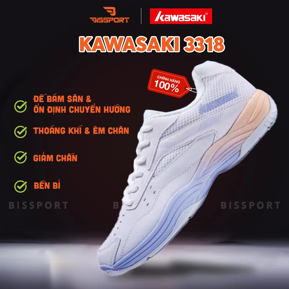 Giày Cầu Lông Kawasaki A3318 Trắng Tím Chính Hãng – Nhẹ, Êm, Bám Sân Tốt - Chống Chấn tốt - Đế Siêu Mềm