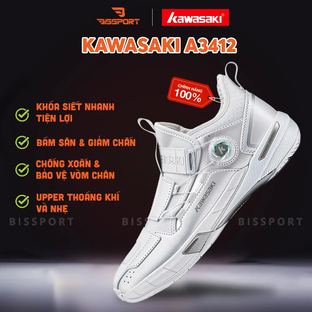 Giày Cầu Lông Kawasaki A3412 Xám Bạc Chính Hãng – Hiện Đại, Ổn Định và Bền Bỉ - Khóa Vặn BOA - Nhẹ - Đệm Đế Bám Sân