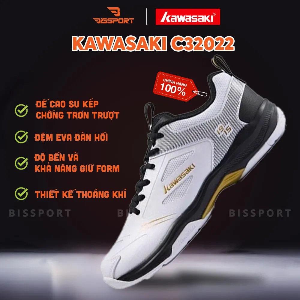 Giày Cầu Lông Kawasaki C32022 Trắng Đen Chính Hãng - Đế Bám Mọi Sân - Bền Bỉ - Nhẹ Nhàng - Ổn Định - Êm Ái