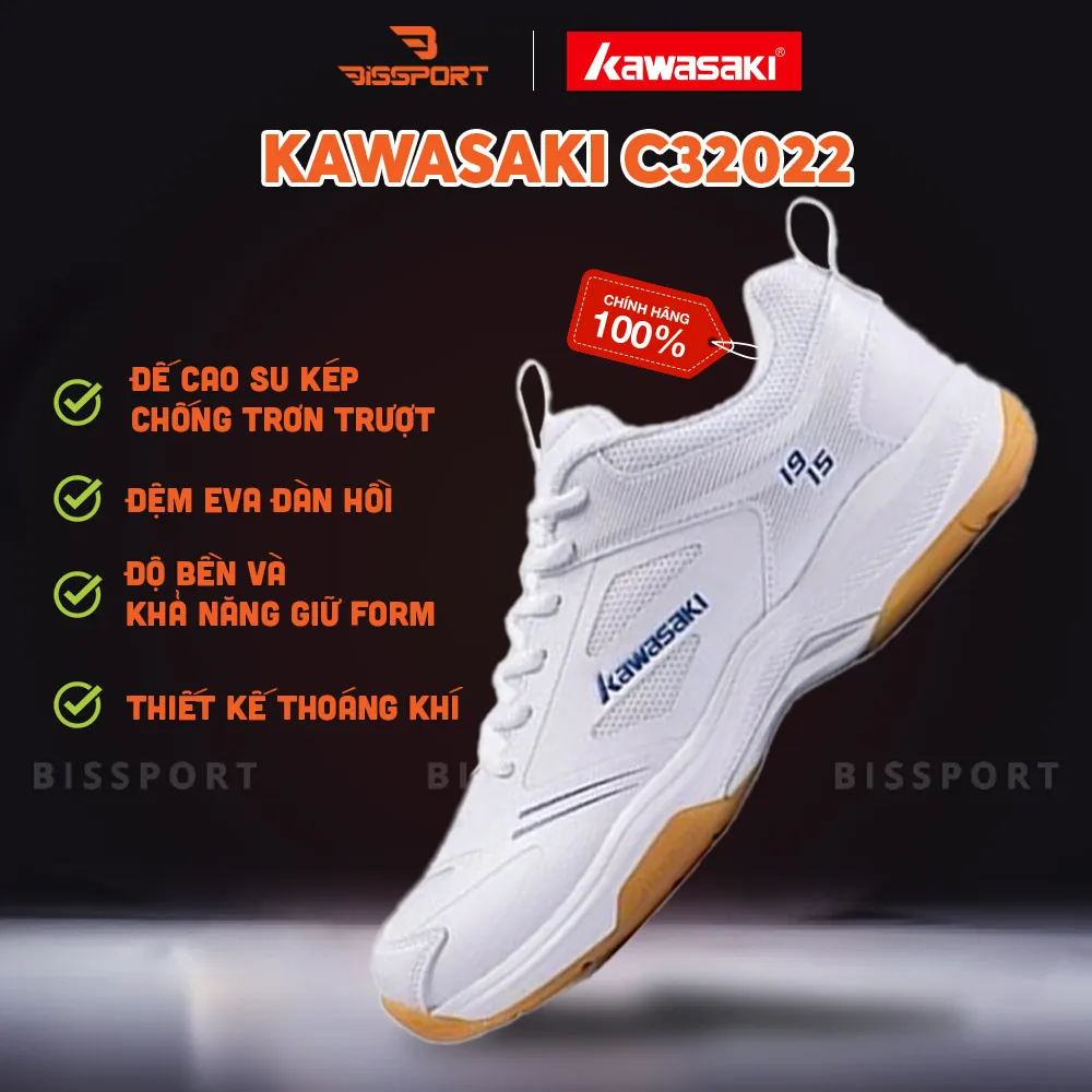 Giày Cầu Lông Kawasaki C32022 Trắng Xanh Chính Hãng - Đế Bám Mọi Sân - Bền Bỉ - Nhẹ Nhàng - Ổn Định - Êm Ái