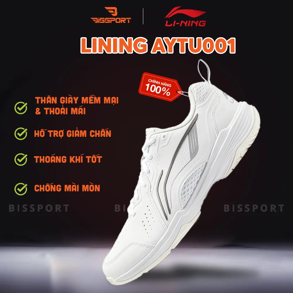 Giày Cầu Lông Lining AYTU001-1 Trắng Xám Chính Hãng - Ôm Chân - Nhẹ Êm - Thông Thoáng - Bền Bỉ - Giảm Chấn