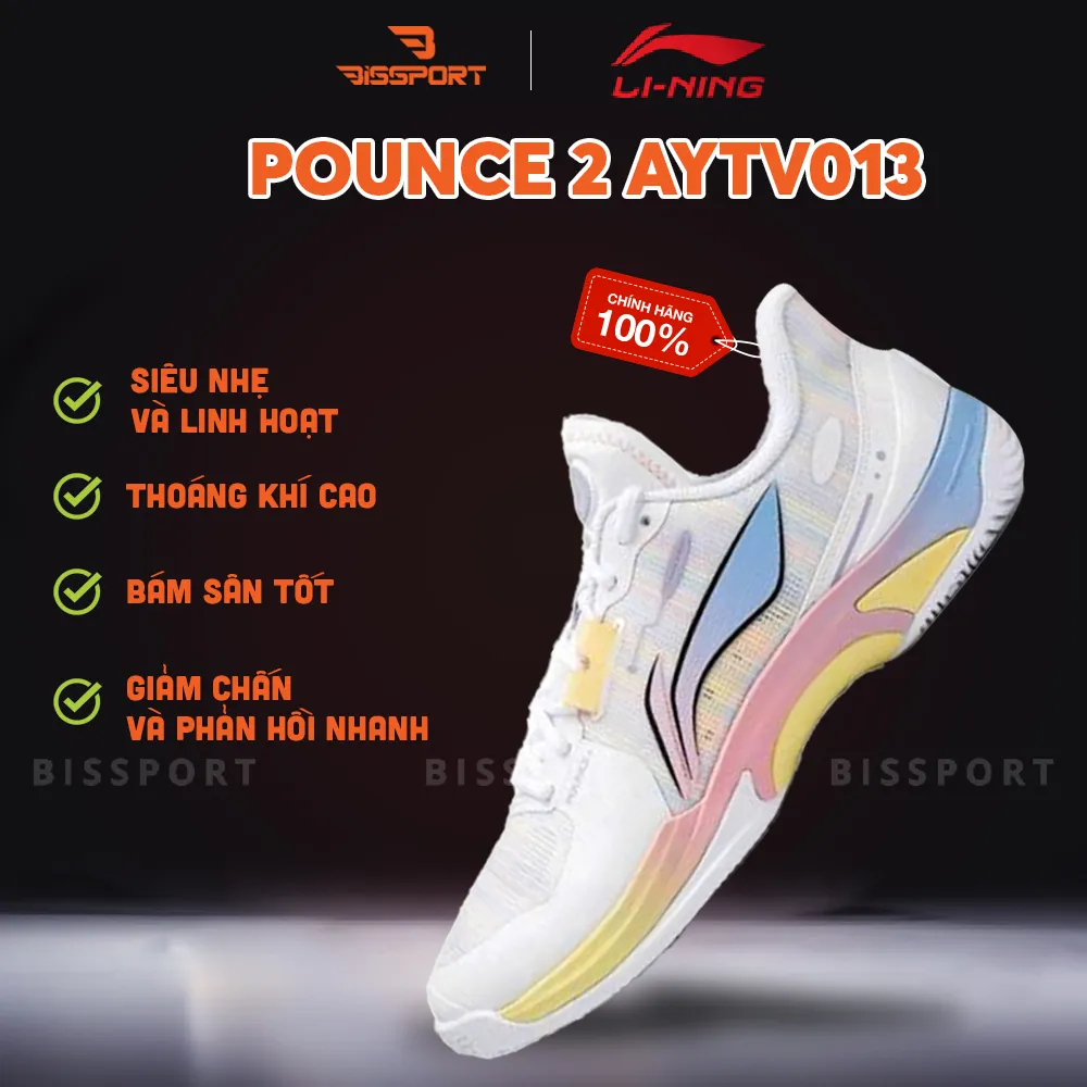 Giày Cầu Lông Lining Pounce 2 AYTV013-1 Trắng Hồng Vàng Chính Hãng - Thông Thoáng - Bền Bỉ - Giảm Chấn - Mềm Mại