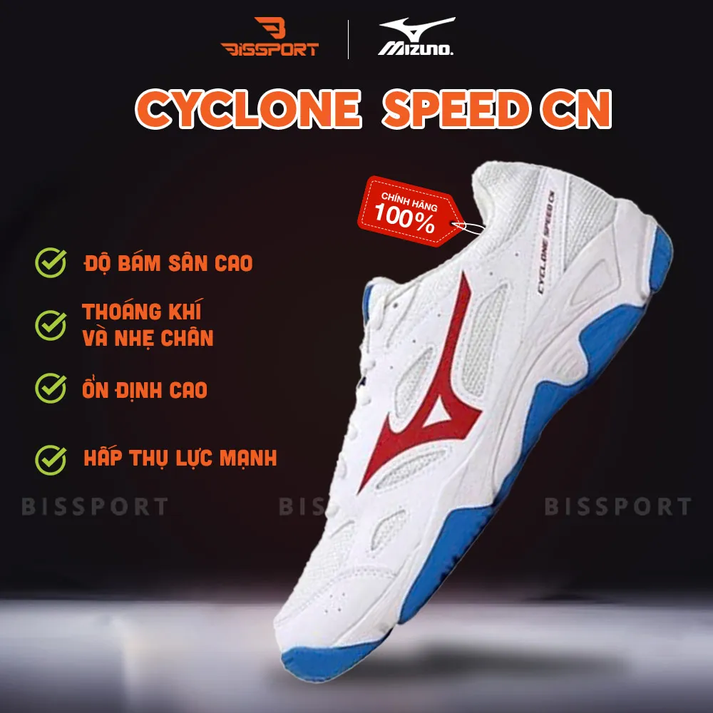 Giày Cầu Lông Mizuno CYCLONE SPEED CN Chính Hãng - Trắng Xanh Dương - Đế Siêu Bám Sàn - Giảm Chấn Cho Chân - Ổn Định