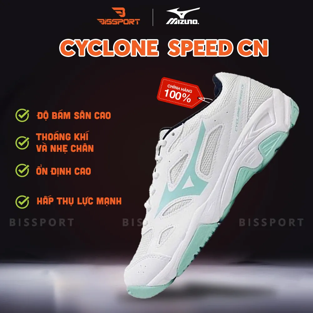 Giày Cầu Lông Mizuno CYCLONE SPEED CN Chính Hãng - Trắng Xanh Mint - Đế Siêu Bám Sàn - Giảm Chấn Cho Chân - Chống Lật